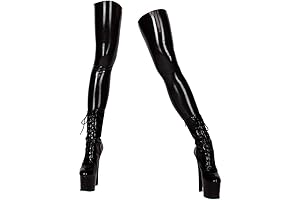 ECOSPLAY Women's Deep Dark Black Glossy Shiny Latex Rubber Black Thigh-high Stockings