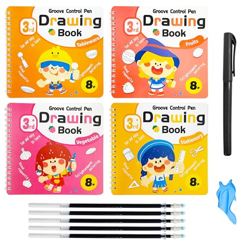 VGRASSP 4 Pcs Educational Magic Drawing Tracing Book Toy for Kids - Reusable Art & Crafts Practice Workbook with Pen and 5 Refills - Grooved Doodle Book - Color and Design As Per Stock