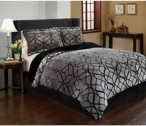 3 Piece Queen Light Black Velvet Comforter Set, Reversible Bedding, Geometric Pattern,Stylish Luxury Bedding, Gorgeous and Beautiful Quality, Fancy Color, Bright Grey
