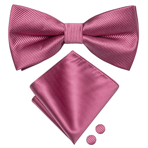 Image of Hi-Tie Men Dark Pink Mens Bow Ties Pre-Tied Pocket Square Lapel Pin Cufflinks Mens Bowtie Sets for Wedding Formal Party