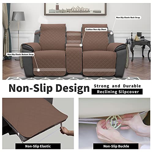 Image of Easy-Going Loveseat Recliner Cover with Console, Reversible Couch Cover for Living Room, Split Sofa Cover for Each Seat with Elastic Straps for Kids, Dogs, Pets(2 Seater, Brown /Beige)