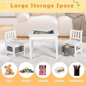 Kinder king kids wood table 2 chairs set 3 in 1 kids construction play table toddler activity table wstorage space building block table for child art crafts reading playing white  urban country home decor