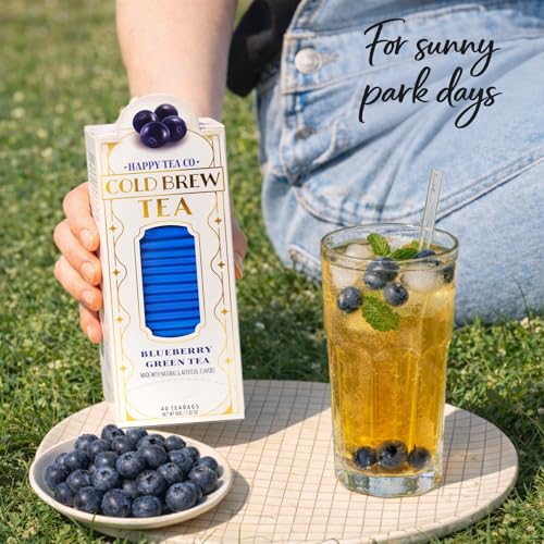 Image of Life Plus Style Gourmet Happy Tea Company Blueberry Green Tea Naturally Refreshing Cold Brew Tea Low Caffeine No Sugar Added Enjoy 40 Individually Wrapped Iced Tea Bags