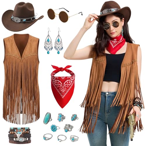BuzzoXerex Cowgirl Kostüm Damen, 20-Teiliges Cowboy Kostüm Damen mit Fransenweste, Cowboyhüte, Schals, Armbänder, Ringe, Ohrringe Western Outfit...