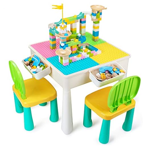 GobiDex Upgrade Multi Activity Table Set for Kids with 2 Chairs-Play Table and Building Block Table with Storage,230 Pcs Blocks Compatible Bricks Toy,for Learning,Drawing,Playing and Eating