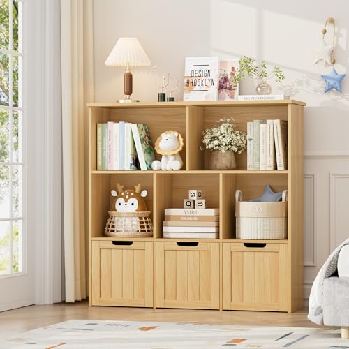 Image of FOTOSOK Toy Storage Organizer with 3 Movable Drawers, Floor Storage Cabinet Toy Chest with Hidden Wheels and 5 Storage Cubbies, Multifunctional Storage Chest for Playroom, Natural