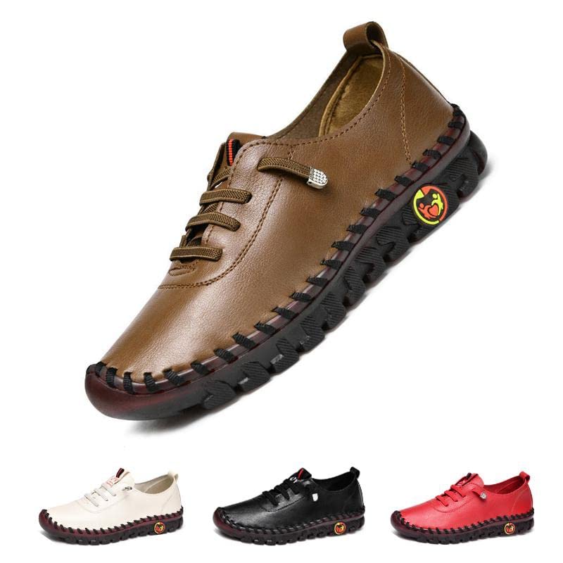 Women's Leather Soft Bottom Flat Shoes Slip On Handmade Beef Tendon Leisure Set of Feet Comfort Rubber Sole Mom Loafers