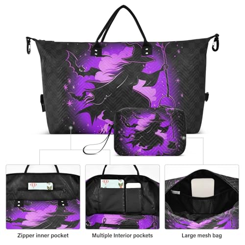 Duffel Bag for Traveling, Halloween Purple Witch Bat Gym Bags with Multiple Interior Pockets for Women Men Toiletry Purse Included 20.5”x 1.9” x 13.8”2