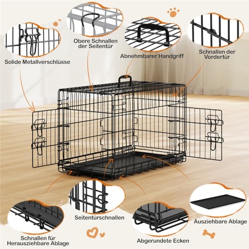 Yaheetech Hundekäfig 76 x 45 x 51 cm klappbar mit Trennwand, 2 Türen, Hundebox für zuhause mit ausziehbare Bodenschale, Transportkäfig Auto, Hundetransportbox Drahtkäfig für Welpe Katzen, M, Schwarz