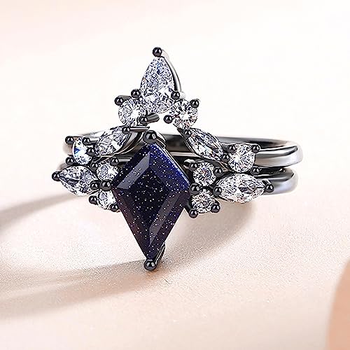 Personalized Promise Rings for Women - Black Rings for Women, Engavable Promise Ring for Her, Blue Sandstone Engagement Rings, Custom Wedding Rings for Women, Unique Matching Rings2
