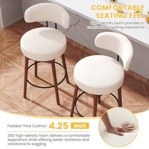 Image of COCO DESIGN White Bar Height Bar Stools Set of 2, 30 inch Swivel Chairs | Upholstered Faux Leather, Solid Wood Legs, Modern Mid Century Chairs for Kitchen Island