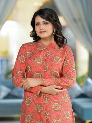Image of Juniper Orange Ethnic Motif Printed Viscose Tunic with Buttons Detailing