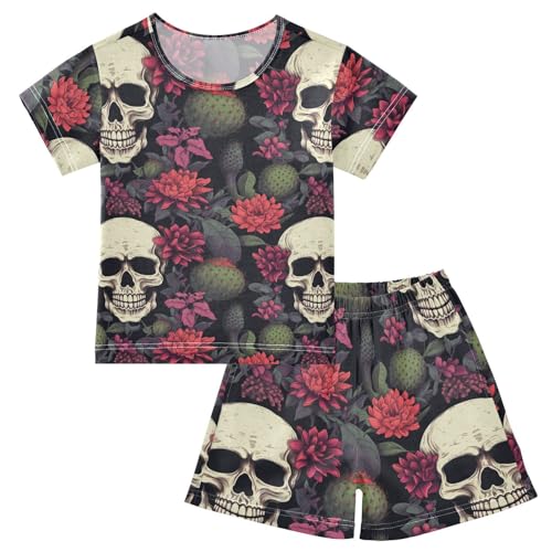 ALAZA Skull Flowers Cactus Pajama Set Short Sleeve Sleepwear Soft Lounge Nightwear