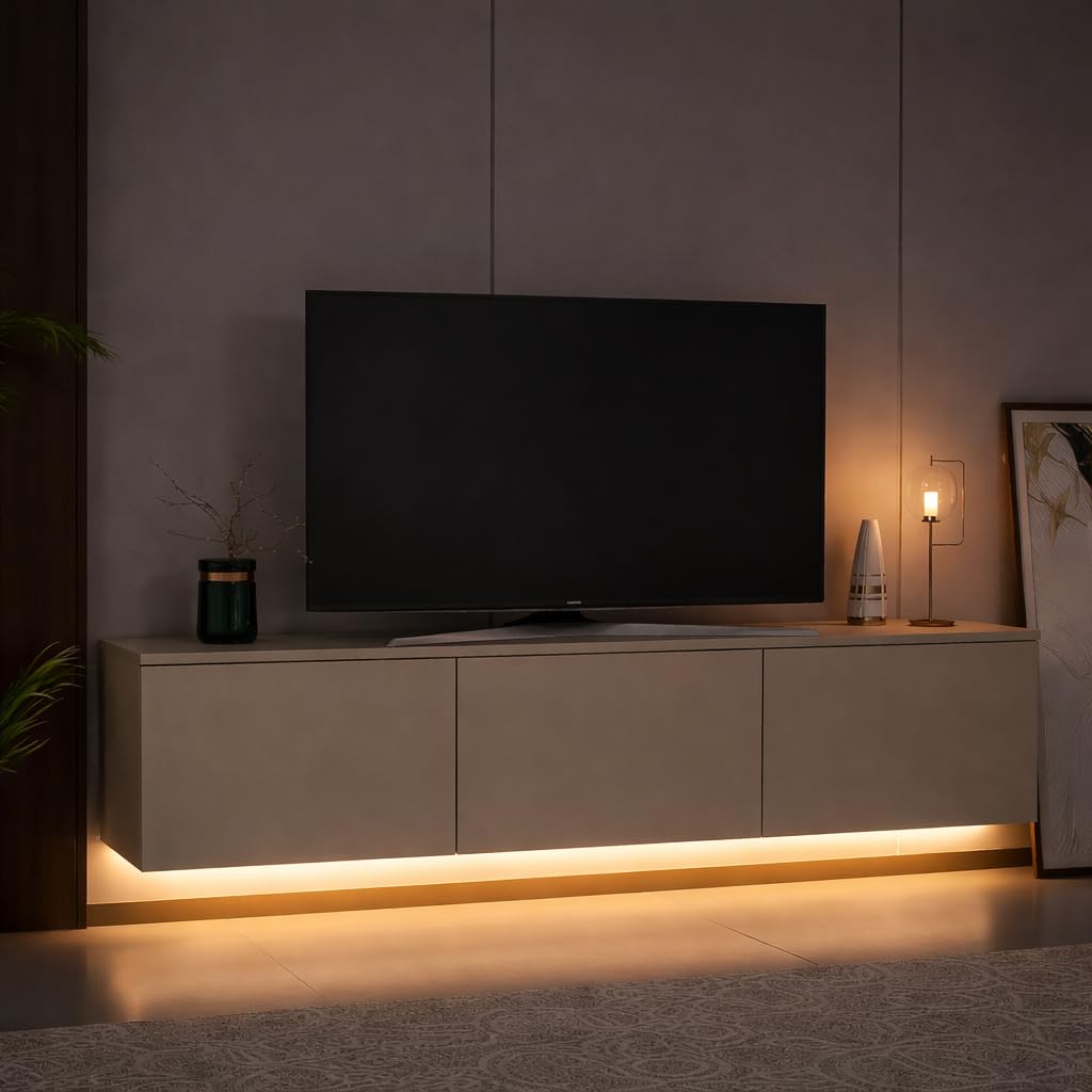 Homidea Vesta LED Meuble TV suspendu 160 cm - Moderne meuble TV mural avec éclairage LED intégré, portes rabattables et espace de rangement pour salon (Beige)