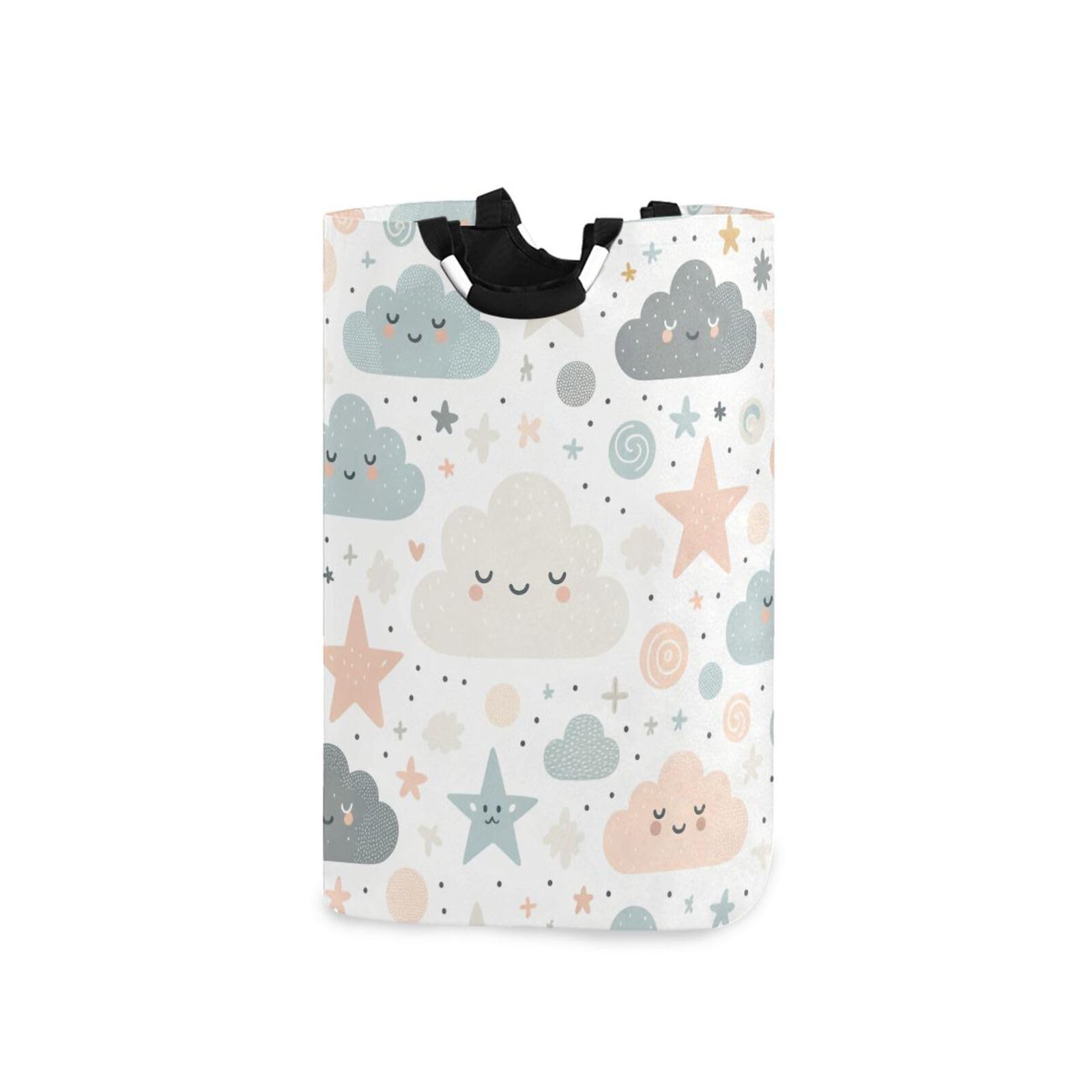 Jihqo Laundry Hamper Basket Cute Clouds Stars Collapsible Nursery Storage Bin Waterproof Clothing Baskets for Home Bedroom Bathroom Washing Room