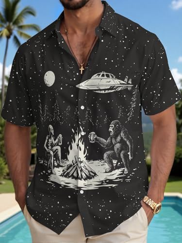 Funny Hawaiian Shirt Bigfoot Sasquatch Alien Shirt Starry Night Casual Short Sleeve Button Down Shirts Black
