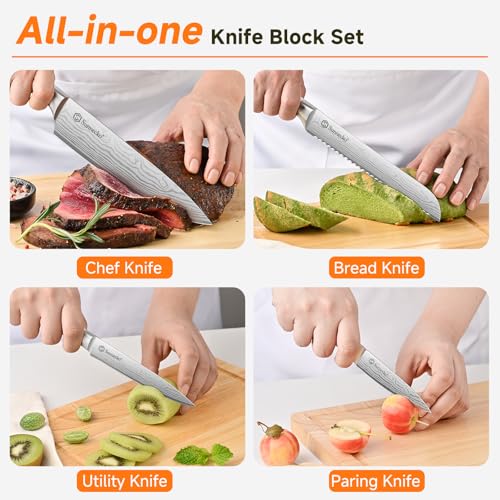 Image of Sunnecko Knife Set with Block and Sharpener, 15 Pcs Kitchen Knife Block Set