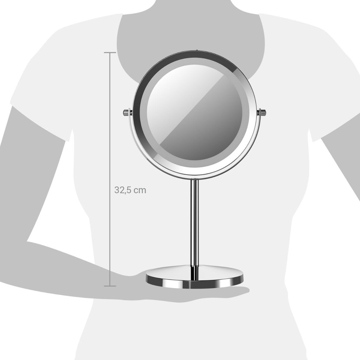 Navaris LED Illuminated Makeup Mirror - Two-Sided Vanity Mirror with Normal and 5X Magnification - 2-in-1 360° Swivel Cosmetics Mirror - Silver