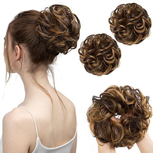 SARLA 2PCS Messy Bun Hair Pieces for Womens Synthetic Scrunchies Buns Extension Hairpieces Updo Pony Tail Dark Brown/Golden Blonde