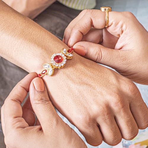 Image of Kaameri Bazaar Rakhi for Brother and Lumba for Bhabhi Hamper Gift Set with Chocokiss Cookies 75g, Trail Mix 35g, Choco Coated Almonds 35g, Roli Chawal, Greeting Card & Premium Gift Box for Raksha Bandhan