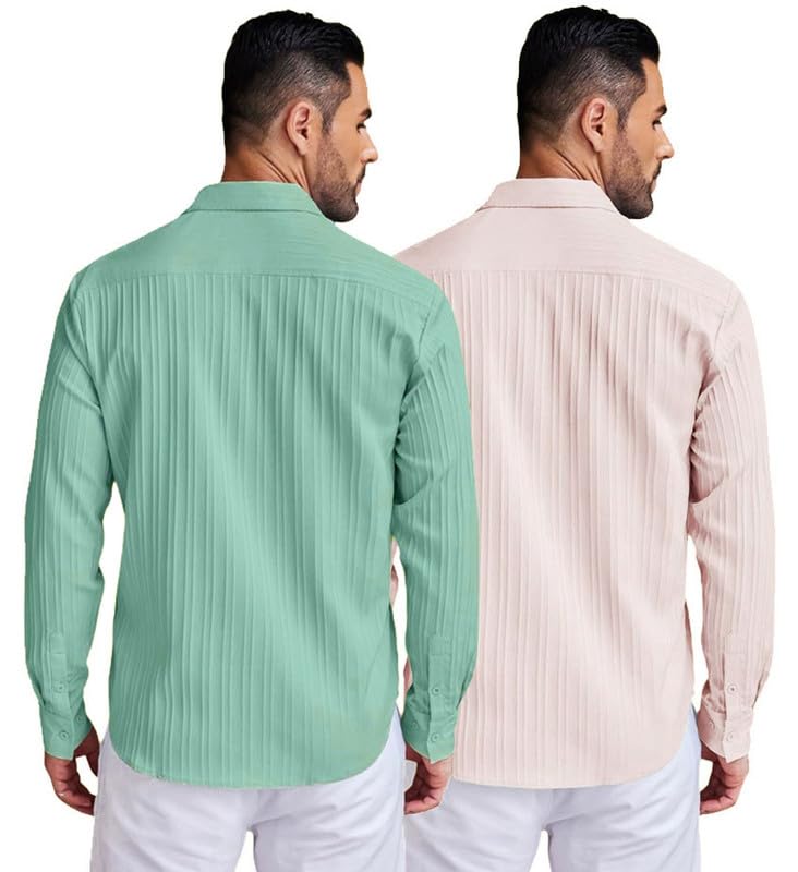 Image of DEELMO Combo of Men's Casual Button Down Shirts Long Sleeve Linen Shirt Fashion Textured Summer Shirts Pack of 2