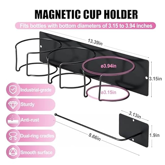 3 Pcs Magnetic Cup Holder for Fridge,2 Pcs Water Bottle Organizer Rack for Stanley 30&40 oz Tumblers with 1 pc Tumbler Lid Organizer,Stanley Cup Accessories for Kitchen