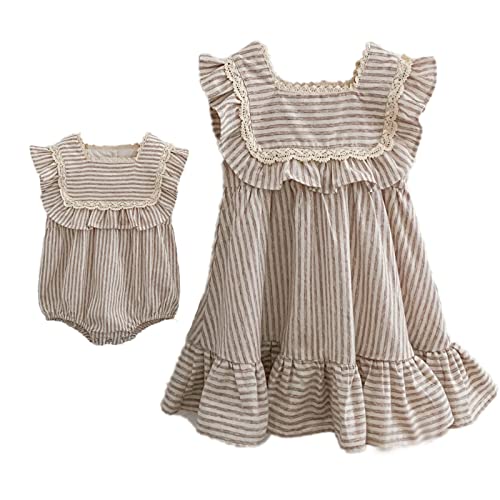 Ashmyova Toddler Girls Linen Summer Casual Dress Kids Vintage Ruffles Stripe Baby Rompers Dresses