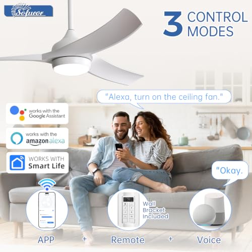 Image of Sofucor 52 Inch Smart Modern Ceiling Fan with Light, White 3 ABS Blades