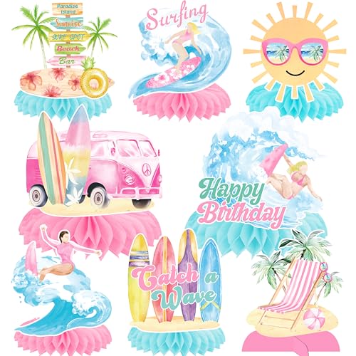 Summer Surf Party Honeycomb Centerpieces 13Pcs Vintage Surfing Surfboard Birthday Party Decorations for Girls Pink Surfer Van Surfboard Theme Centerpieces for Hawaii Beach Surf Party Supplies
