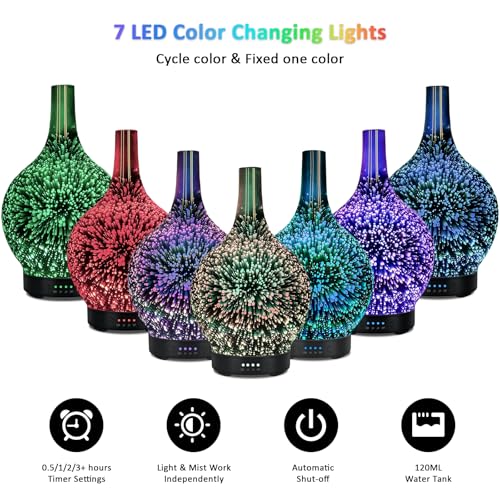 Essential Oil Diffuser Glass Aromatherapy Electric Ultrasonic Cool Mist Aroma Diffuser Scented Oil 3D Firework Diffusers, Whisper Quiet Waterless Auto Shut-Off for Home Office SPA Yoga 120ml - Image 3