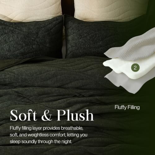 Image of DOWN HOME Crinkle Textured Velvet Quilt Set with Shams, All-Season Luxury Modern Bedding,Easy Care Comforter,Ultra-Soft,Lightweight & Breathable, Cali King, Courtyard Green