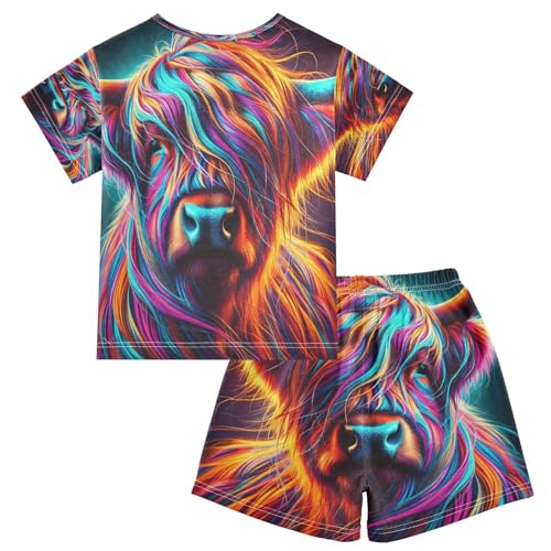 Highland Cow Neon Pajama Set Short Sleeve Pajamas Shorts Sets Cotton PJS 2 Piece Clothes Set 5Y2