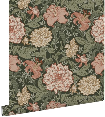 papier peint fleurs vintage vert grisé et rose terracotta 53 cm x 10.05 m - ESTAhome