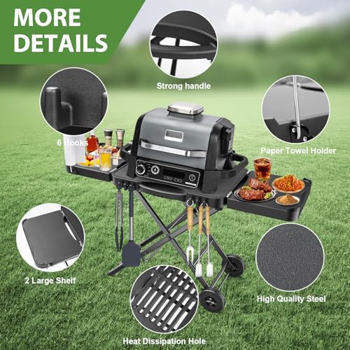 Tragbarer Grillwagen für Ninja Woodfire, Weber, Blackstone, Nexgrill, Traeger und den meisten tragbaren Grills und Pizzaöfen, Outdoor Grillwagen mit Rädern, Seitentischen und Papierhandtuchhalter
