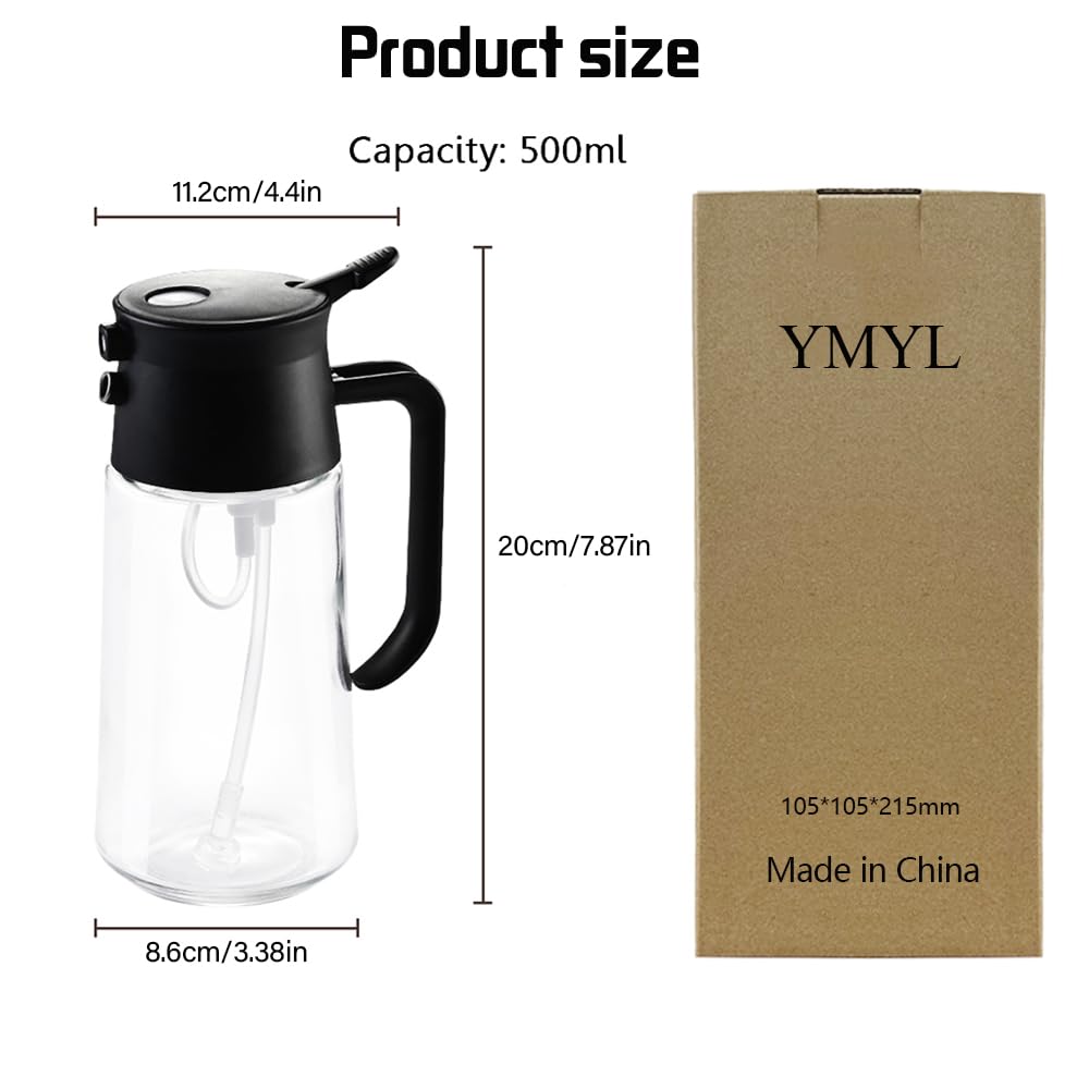 YMYL Oil Sprayer for Cooking, 2 in 1 Olive Oil Dispenser Bottle and Oil Mister for Kitchen, 17oz Premium Glass Oil Spray Bottle for Air Fryer, Salad, Frying, BBQ, Baking (Black)
