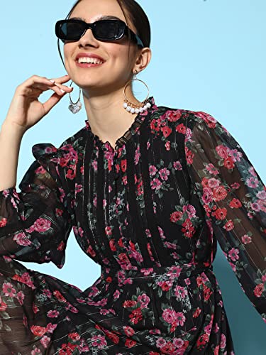 Image of ishin Women's Chiffon Black Lurex Embellished A-Line Belted Dress