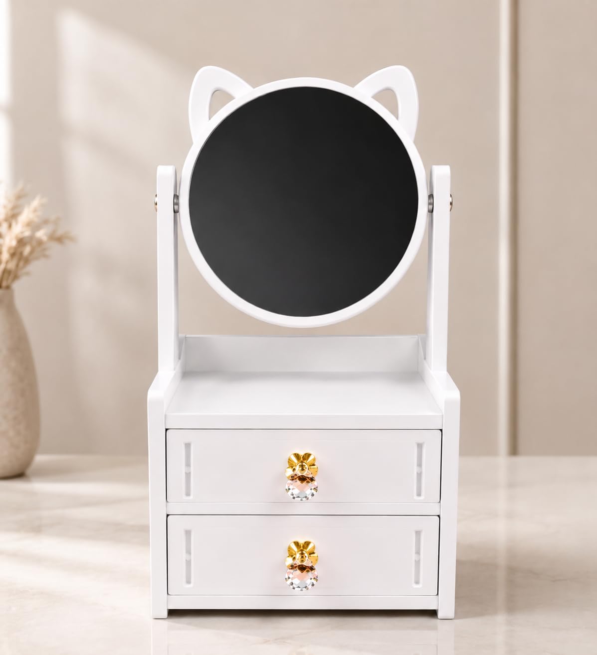 Cute Cat Ear Vanity Mirror with 2 Drawers | Tabletop Makeup Organizer with Adjustable Mirror & Crystal Knobs | Premium Cosmetic Storage Box for Girls Bedroom & Dressing Table-image-18