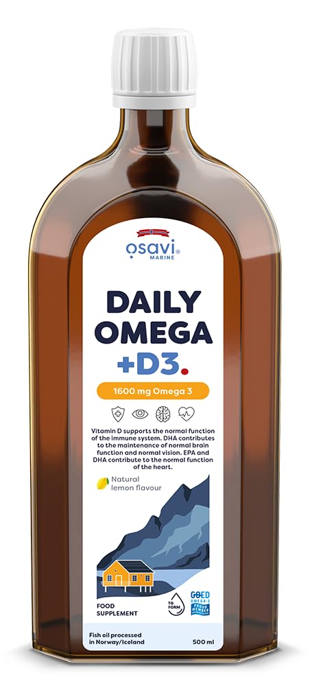 Daily Omega + D3 – 500 ml | 1600 mg Omega–3 per Serving | Supports Heart Health, Brain Function, Vision, and Immune System | Includes 2000 IU Vitamin D | Natural Lemon Flavour | Made in Norway