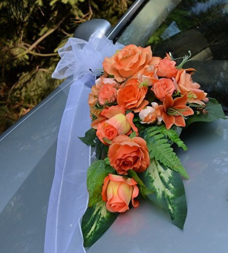 AMP Autoschmuck Autodeko Hochzeit 5 Rosen Dekor Komplett (rot, Blumestrauß - orange)