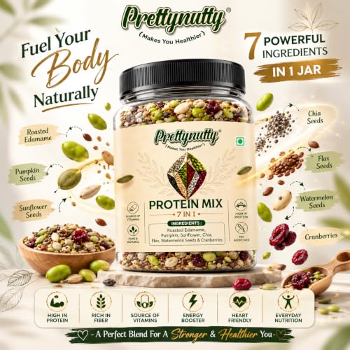 Image of PrettyNutty Super Seed Protein Mix 250gms| Roasted Edamame, Chia, Flax, Pumpkin, Sunflower & Watermelon Seeds with Cranberries