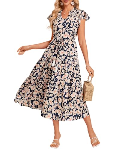 Damen Freizeit Sommerkleider Hochzeitsgast A-Linie Blumen Midi Kleid Flatterärmel Lange Swing Boho Stufen Swing Kleid Pi...