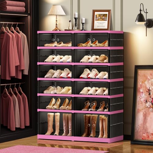 Image of CIMLORD 6-Tier Foldable Shoe Rack Organizer with Door, 24 Pairs, Black-Pink | Collapsible Large Shoe Rack for 24 Pairs, Fits Boots, Wide Stackable, Clear Door, Lidded Boxes, Easy Assembly, for Closet
