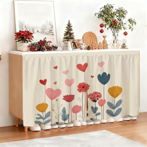 Image of Self Adhesive Floral Heart Cabinet Curtain for Mother's Day, 39x28 Inch Colorful Spring Flower Under Sink Skirt No Drill, Deep Cleaning Kitchen Decor, Hook and Loop Laundry Valance