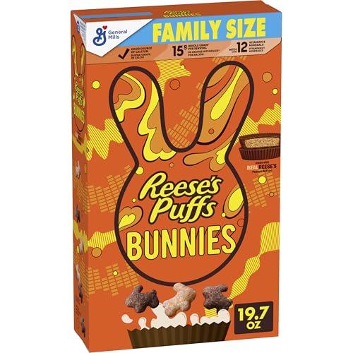 REESE'S PUFFS Bunnies, Chocolatey Peanut Butter Cereal, Kids Breakfast Cereal, Easter Edition, Made with Whole Grain, Family Size, 19.7 oz