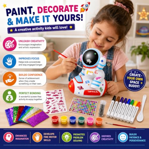 Image of PLUSPOINT DIY Astronaut Coin Bank Painting Kit for Kids Paint Your Own Space Piggy Bank Craft Set with 6 Paints, 12 Magic Floating Pens, Metallic Foils, Stickers, Gems & Glitter, Creative Gift Age 5+