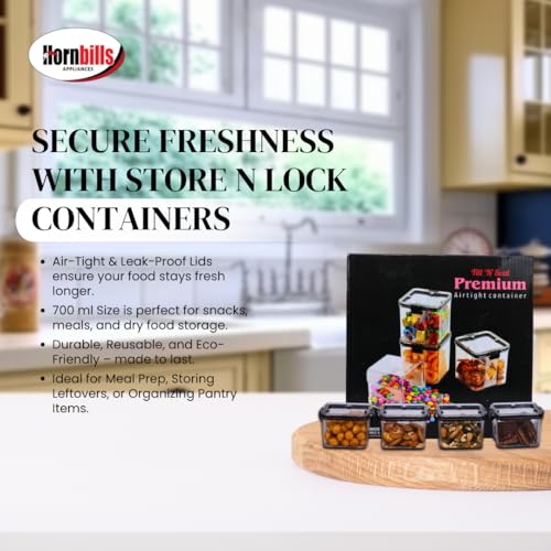 Image of HORNBILLS Seal & Lock Airtight Food Storage Containers Set - 700ml (Pack of 4) | Kitchen Organizing Accessories | Leakproof, BPA Free & Food Grade Material Plastic Boxes For Kitchen & Fridge Organizer