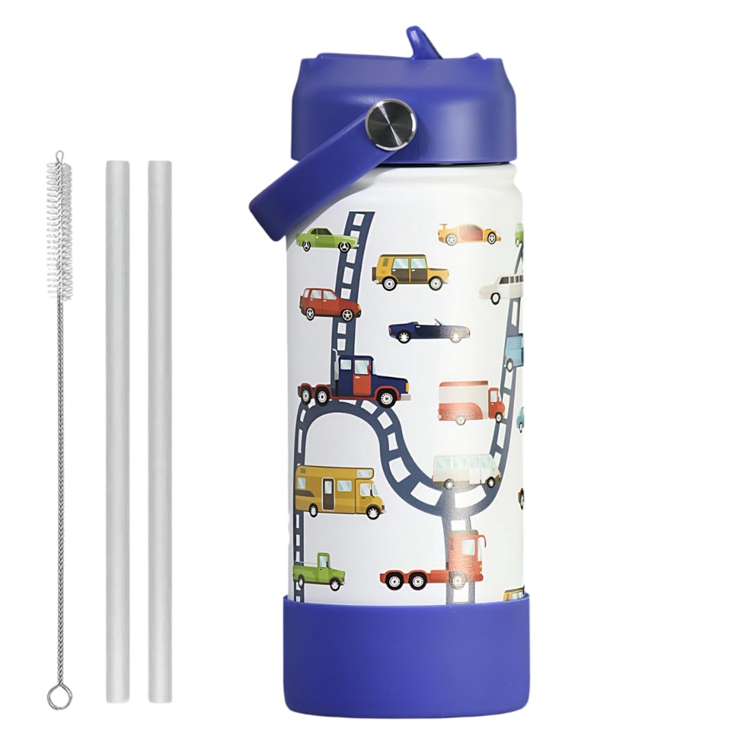 TOM & BELL Insulated Water Bottle for Kids 500ml,Double Wall Water Bottle for School, Sipper Bottle,Hot and Cold, Premium 304 Stainless Steel (Cars, 500ml)