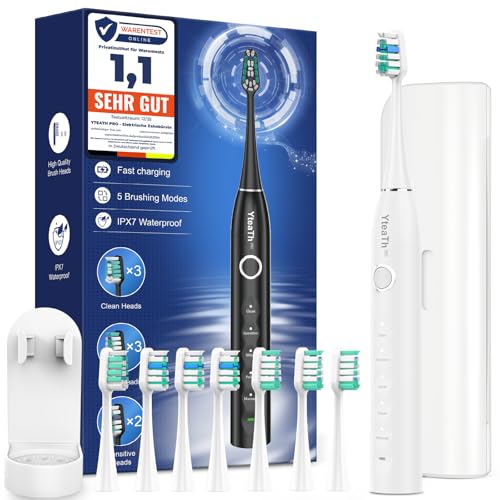 Spazzolino Elettrico Sonico per Sbiancante Denti - Spazzolino Denti Sonico Adulti con Custodia da Viaggio, 5 Modalità, Impermeabile IPX7, Spazzolino Elettrico da Viaggio Ricaricabile, Bianco Perla