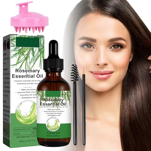 Comioke Aceite de Romero para el Cabello,60ml Aceite Esencial de Romero,Rosemary Oil Hair Growth con Masajeador de Cuero Cabelludo para Pestañas,Cejas,Promover Crecimiento,Reduce Pérdida de Cabello
