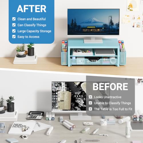 Image of OPNICE Desk Organizers and Accessories, Computer Monitor Stand Riser with Drawer and 2 Pen Holders, Printer & Laptop Stand, Office Desk Accessories & Workspace Organizers for Home Office Supplies, Soft Blue